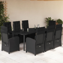 Set de comedor de jardín 9 pzas y cojines ratán sintético negro