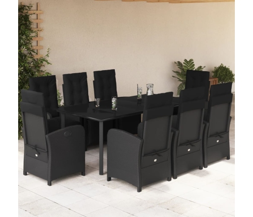 Set de comedor de jardín 9 pzas y cojines ratán sintético negro