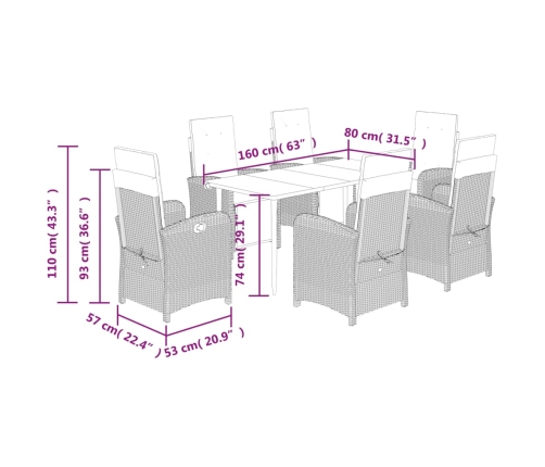 Set comedor de jardín 7 pzas con cojines ratán sintético marrón