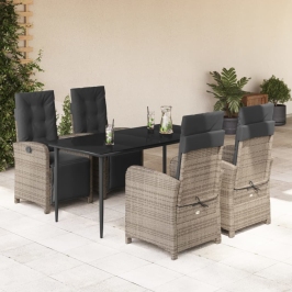 Set comedor de jardín 5 piezas con cojines ratán sintético gris
