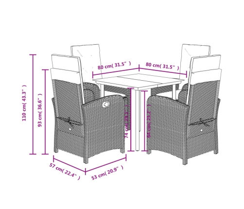 Set comedor de jardín 5 piezas con cojines ratán sintético gris
