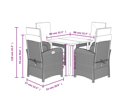 Set comedor de jardín 5 pzas con cojines ratán sintético beige