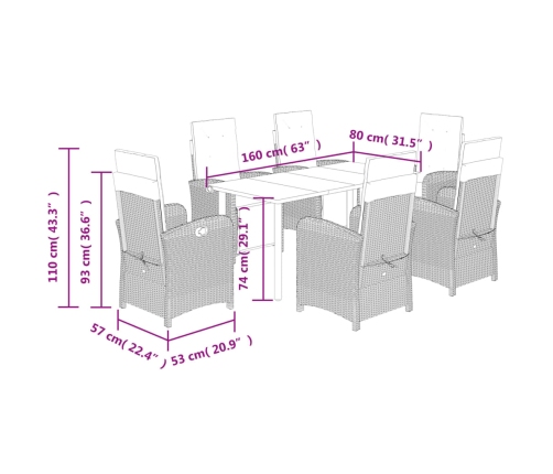 Set comedor de jardín 7 pzas con cojines ratán sintético beige