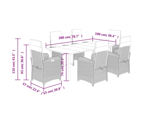Set comedor jardín 7 pzas y cojines ratán sintético gris claro