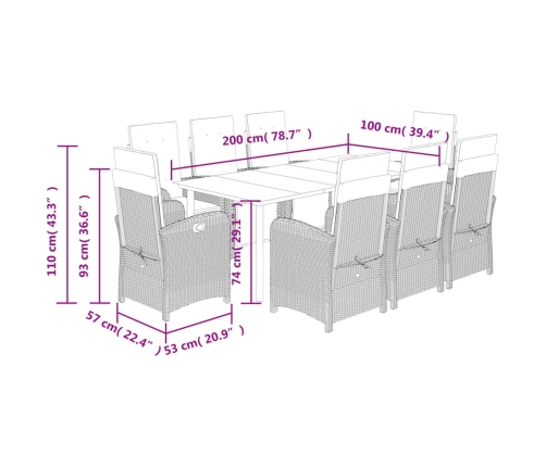 Set comedor de jardín 9 pzas cojines ratán sintético gris claro