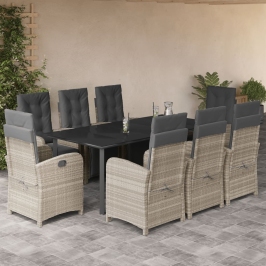 Set comedor de jardín 9 pzas cojines ratán sintético gris claro