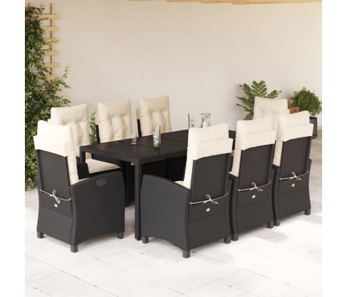 Set de comedor de jardín 9 pzas y cojines ratán sintético negro