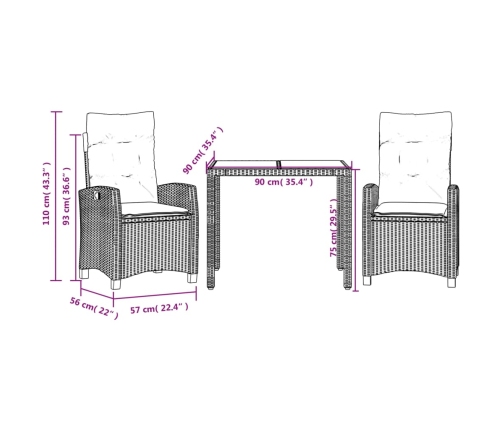Set comedor de jardín 3 pzas con cojines ratán sintético negro