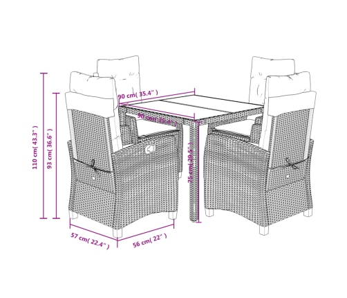 Set de muebles jardín 5 pzas con cojines ratán sintético negro