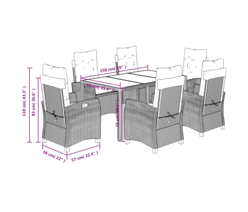 Set de comedor de jardín 7 pzas y cojines ratán sintético negro