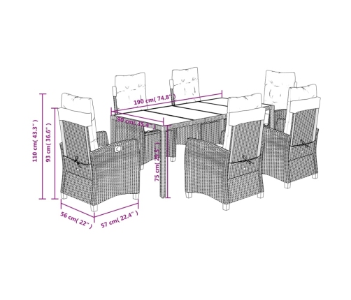 Set de comedor de jardín 7 pzas y cojines ratán sintético negro