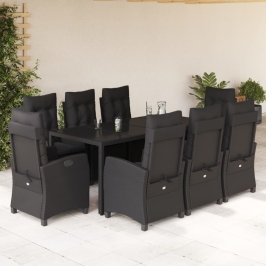 Set de comedor de jardín 9 pzas y cojines ratán sintético negro