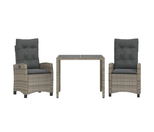 Set comedor de jardín 3 piezas con cojines ratán sintético gris