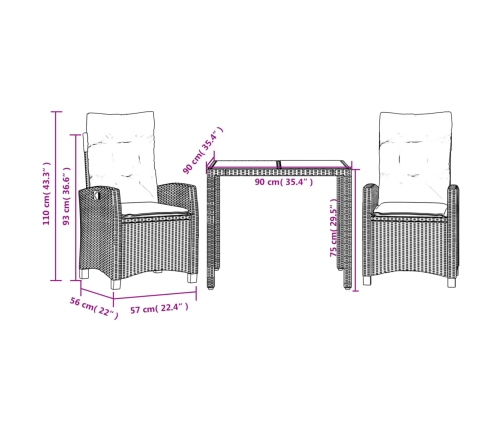 Set comedor de jardín 3 piezas con cojines ratán sintético gris