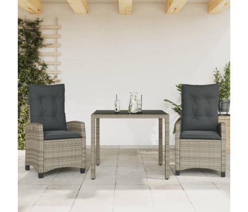Set comedor de jardín 3 piezas con cojines ratán sintético gris