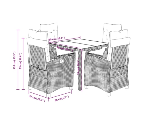 Set comedor de jardín 5 piezas con cojines ratán sintético gris