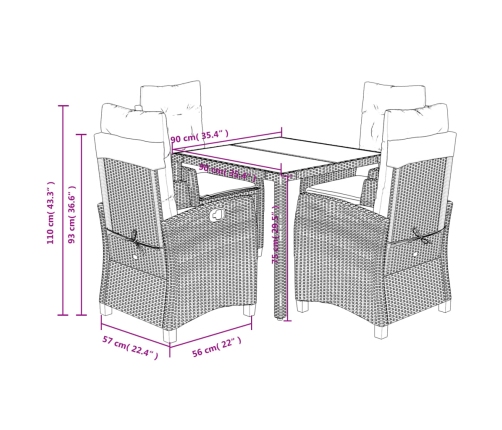 Set comedor de jardín 5 piezas con cojines ratán sintético gris