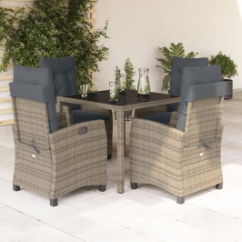 Set comedor de jardín 5 piezas con cojines ratán sintético gris