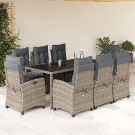 Set comedor jardín 9 pzas y cojines ratán sintético gris