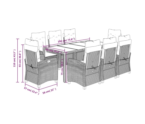 Set comedor jardín 9 pzas y cojines ratán sintético gris