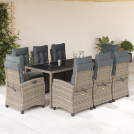 Set comedor jardín 9 pzas y cojines ratán sintético gris