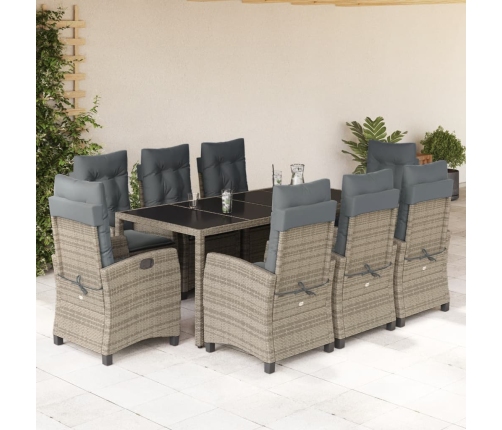Set comedor jardín 9 pzas y cojines ratán sintético gris