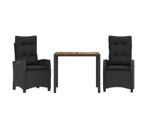 Set comedor de jardín 3 pzas con cojines ratán sintético negro