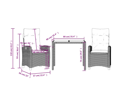 Set comedor de jardín 3 pzas con cojines ratán sintético negro