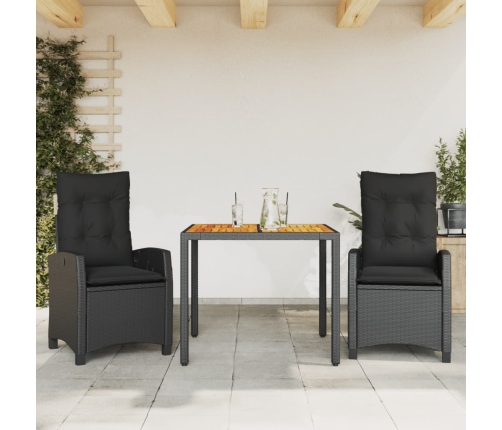 Set comedor de jardín 3 pzas con cojines ratán sintético negro