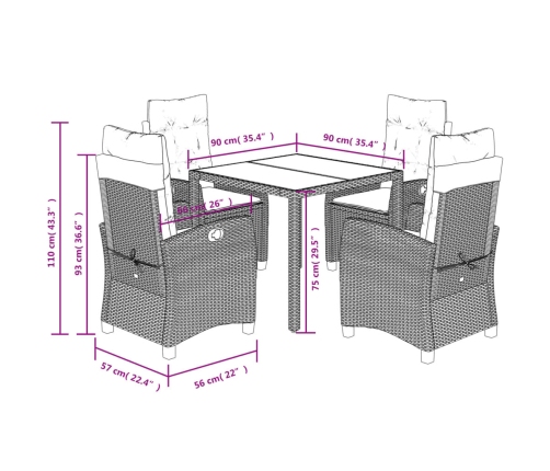Set de muebles jardín 5 pzas con cojines ratán sintético negro