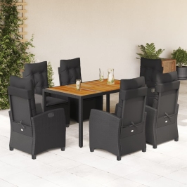 Set de comedor de jardín 7 pzas y cojines ratán sintético negro