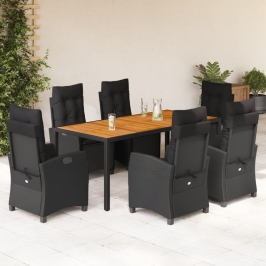 Set de comedor de jardín 7 pzas y cojines ratán sintético negro