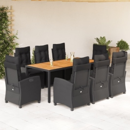 Set de comedor de jardín 9 pzas y cojines ratán sintético negro