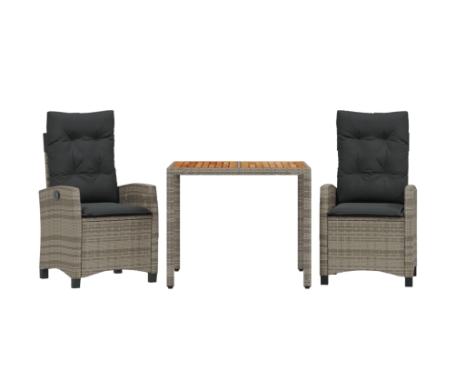Set comedor de jardín 3 piezas con cojines ratán sintético gris