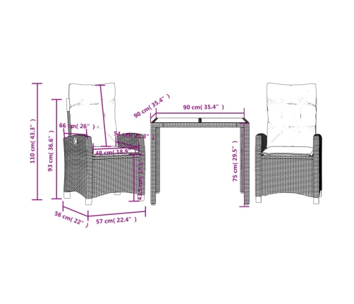 Set comedor de jardín 3 piezas con cojines ratán sintético gris