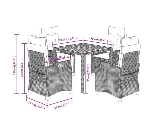 Set comedor de jardín 5 piezas con cojines ratán sintético gris