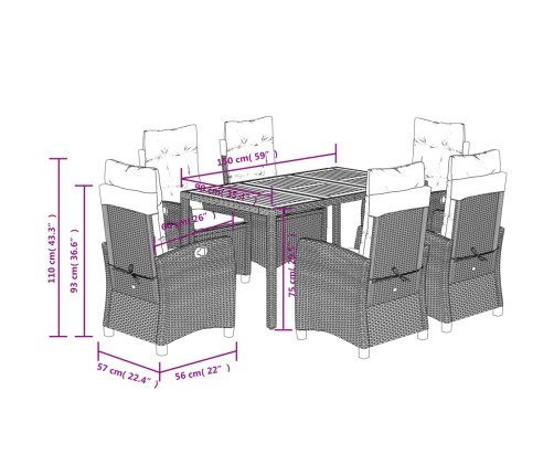 Set comedor jardín 7 pzas y cojines ratán sintético gris