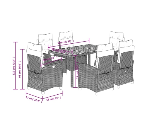 Set comedor jardín 7 pzas y cojines ratán sintético gris