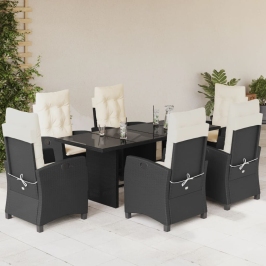 Set de comedor de jardín 7 pzas y cojines ratán sintético negro