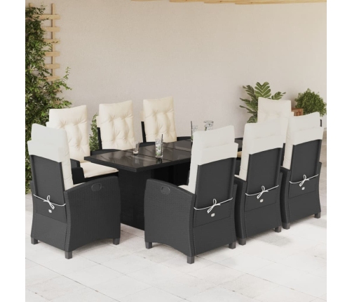 Set de comedor de jardín 9 pzas y cojines ratán sintético negro