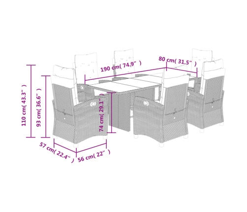 Set de comedor de jardín 7 pzas y cojines ratán sintético negro