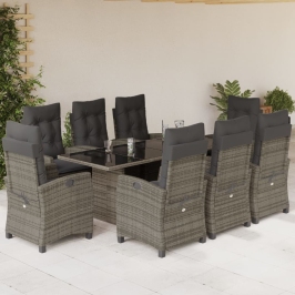 Set comedor jardín 9 pzas y cojines ratán sintético gris