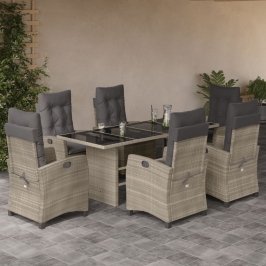 Set comedor jardín 7 pzas y cojines ratán sintético gris claro