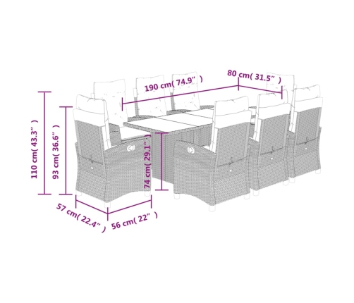 Set comedor de jardín 9 pzas cojines ratán sintético gris claro