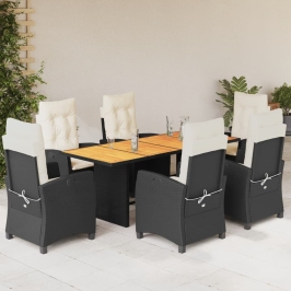 Set de comedor de jardín 7 pzas y cojines ratán sintético negro