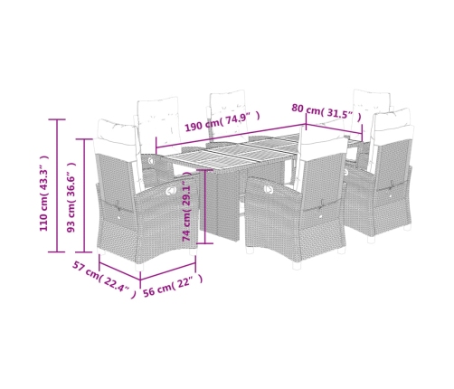 Set de comedor de jardín 7 pzas y cojines ratán sintético negro