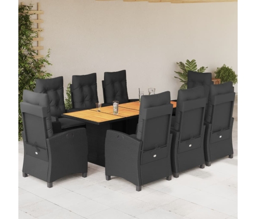 Set de comedor de jardín 9 pzas y cojines ratán sintético negro