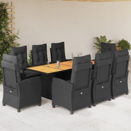 Set de comedor de jardín 9 pzas y cojines ratán sintético negro