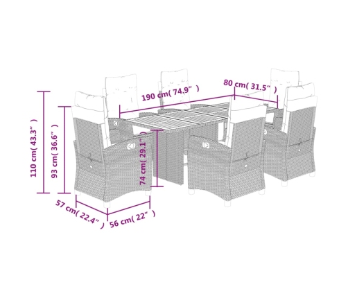 Set comedor jardín 7 pzas y cojines ratán sintético gris