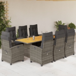 Set comedor jardín 9 pzas y cojines ratán sintético gris